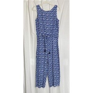 New Talbots Jumpsuit Size 8 P Womens Blue White Geometric Ikat Viscose